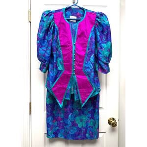 Maggie Shepherd 2 Piece Skirt Set Size M Purple Teal Puff Sleeve Vintage 80’s